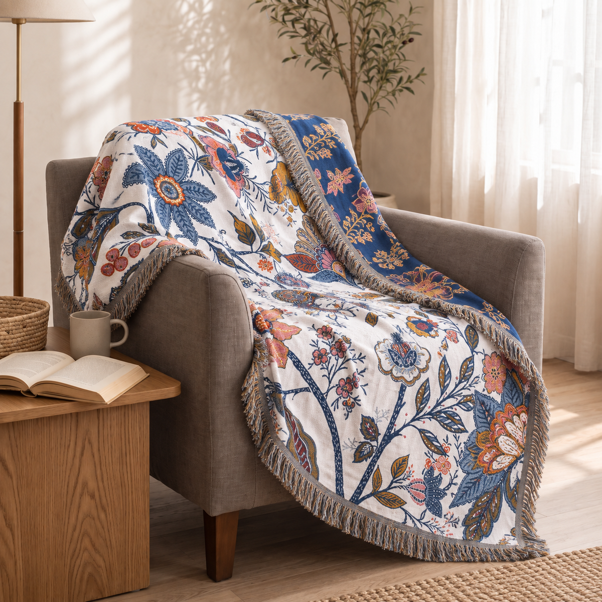 Sunsecca Woven Throw — Indigo Brocade