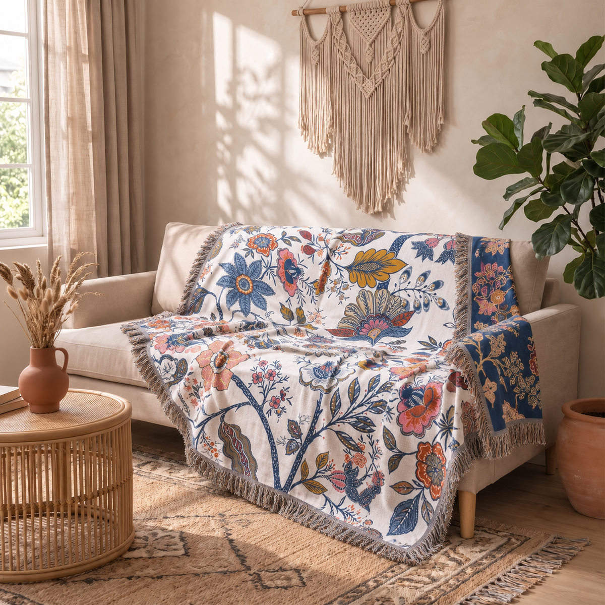 Sunsecca Woven Throw — Indigo Brocade